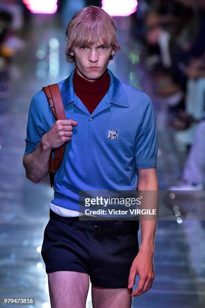 Model walks the runway at the Prada fashion show during Milan Men's Fashion Week Spring/Summer 2019 on June 17, 2018 in Milan, Italy.