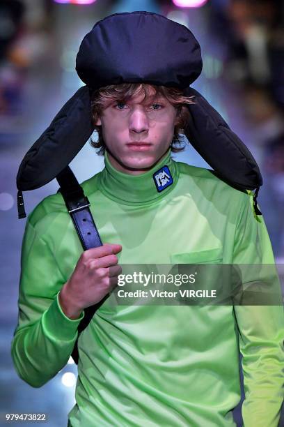 Model walks the runway at the Prada fashion show during Milan Men's Fashion Week Spring/Summer 2019 on June 17, 2018 in Milan, Italy.