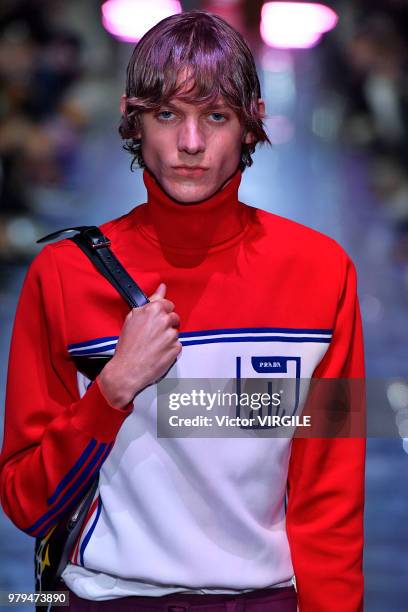 Model walks the runway at the Prada fashion show during Milan Men's Fashion Week Spring/Summer 2019 on June 17, 2018 in Milan, Italy.