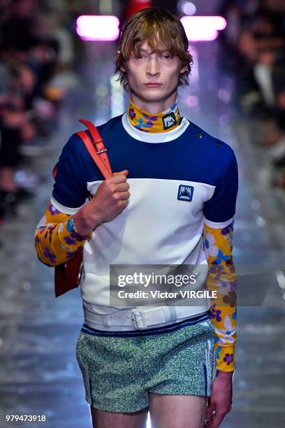 Model walks the runway at the Prada fashion show during Milan Men's Fashion Week Spring/Summer 2019 on June 17, 2018 in Milan, Italy.