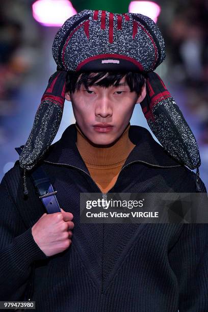 Model walks the runway at the Prada fashion show during Milan Men's Fashion Week Spring/Summer 2019 on June 17, 2018 in Milan, Italy.