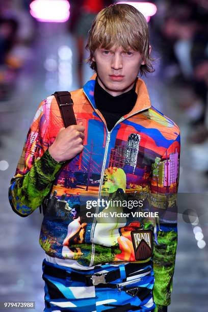 Model walks the runway at the Prada fashion show during Milan Men's Fashion Week Spring/Summer 2019 on June 17, 2018 in Milan, Italy.