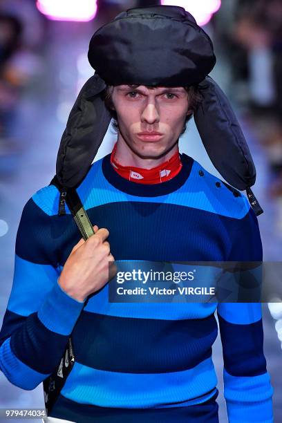 Model walks the runway at the Prada fashion show during Milan Men's Fashion Week Spring/Summer 2019 on June 17, 2018 in Milan, Italy.