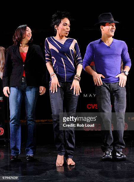 "Chicago The Musical" dance captain Gabriela Garcia, Michelle Williams and Mario Lopez perform an impromptu dance routine at Maybelline New York's...