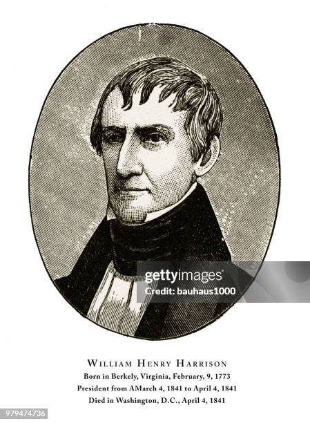 william henry harrison, engraved portrait of president, 1888 - format elliptical stock illustrations