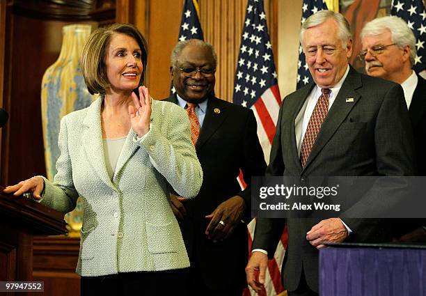 Speaker of the House Rep. Nancy Pelosi speaks as House Majority Whip Rep. James Clyburn , House Majority Leader Rep. Steny Hoyer , and Rep. George...