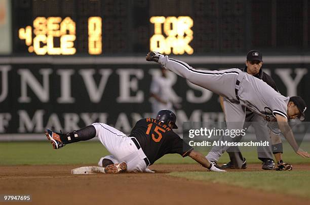 Baltimore Orioles Kevin Millar upends Chicago White Sox second baseman Tadahito Iguchi July 28, 2006 in Baltimore. The Sox won 6 - 4 on a ninth...