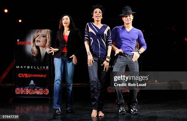 "Chicago The Musical" dance captain Gabriela Garcia, Michelle Williams and Mario Lopez perform an impromptu dance routine at Maybelline New York's...