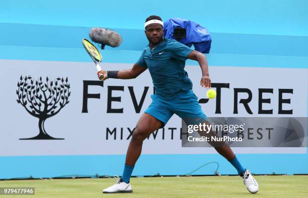 Frances Tiafoe in action during Fever-Tree Championships 2nd Round match between Frances Tiafoe against Leonardo Mayer at The Queen's Club, London,...