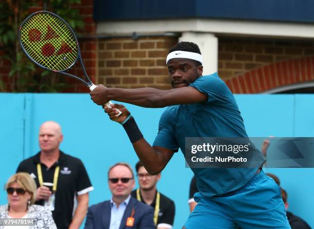 Frances Tiafoe in action during Fever-Tree Championships 2nd Round match between Frances Tiafoe against Leonardo Mayer at The Queen's Club, London,...