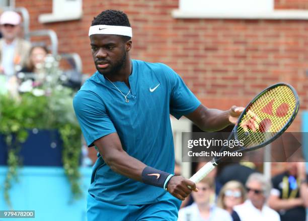 Frances Tiafoe in action during Fever-Tree Championships 2nd Round match between Frances Tiafoe against Leonardo Mayer at The Queen's Club, London,...