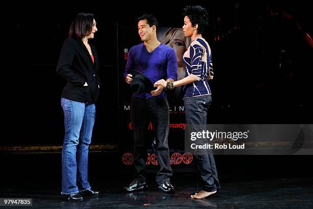 "Chicago The Musical" dance captain Gabriela Garcia, Michelle Williams and Mario Lopez perform an impromptu dance routine at Maybelline New York's...