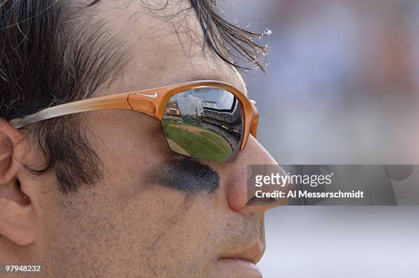 Baltimore Orioles second baseman Brian Roberts sunglasses are a perfect reflection of the ballpark during play against the Chicago White Sox July 30,...