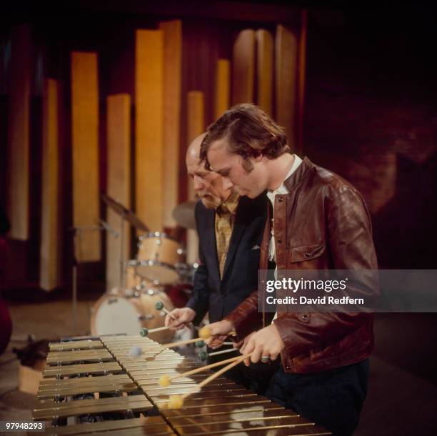 American vibraphonists Gary Burton and Red Norvo perform on the BBC television show 'Jazz at the Maltings' on March 13, 1969.