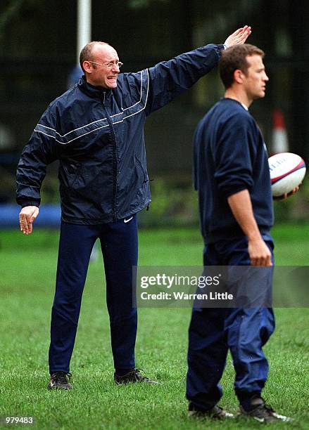 Bernard Laporte the French coach instructs his squad during France Rugby Union training at the HAC Ground in London. Mandatory Credit: Warren...