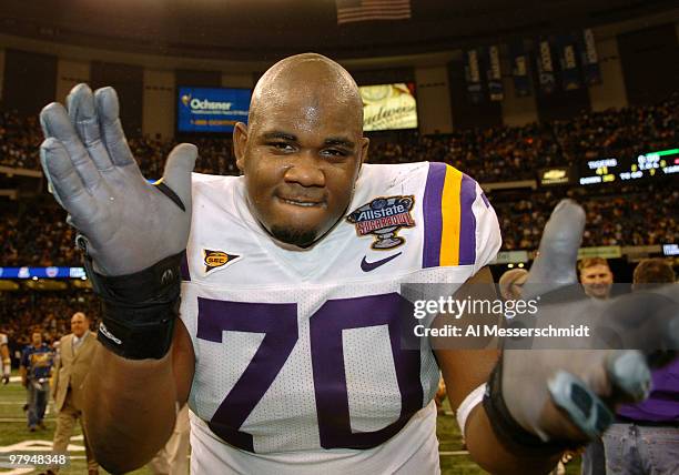 Offensive tackle Ciron Black celebrates a win against Notre Dame in the Allstate Sugar Bowl at the Superdome in New Orleans, Louisiana on January 3,...