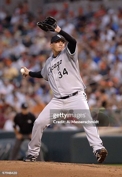 Chicago White Sox Freddy Garcia pitches against the Baltimore Orioles July 28, 2006 in Baltimore. The Sox won 6 - 4 on a ninth inning grand slam home...