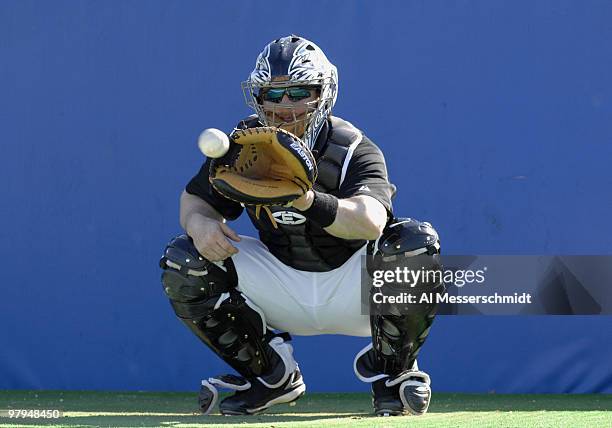 Catcher Gregg Zaun during a Toronto Blue Jays spring training practice at Cecil P. Englebert Complex in Dunedin, Florida on February 22, 2007.