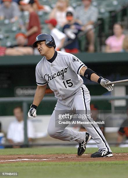 Chicago White Sox second baseman Tadahito Iguchi bats against the Baltimore Orioles July 28, 2006 in Baltimore, Maryland. The Sox won 6 - 4 on a...