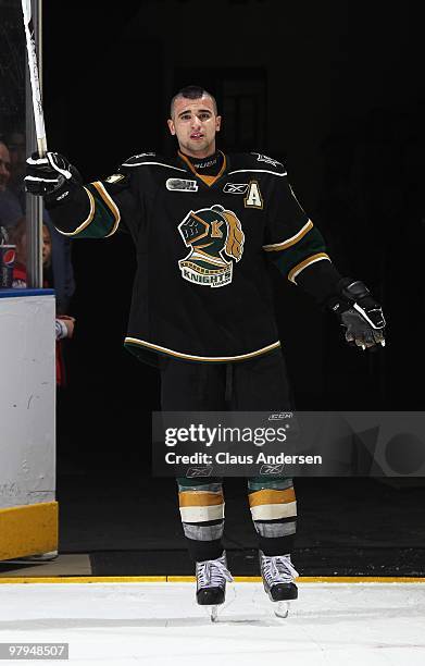 Nazem Kadri of the London Knights salutes the crowd upon being named the 1st star in the first game of the opening round of the 2010 playoffs against...