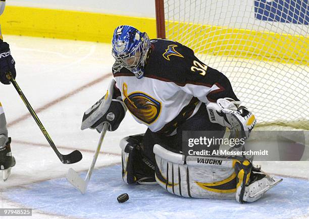 Atlanta Thrashers goalie Kari Lehtonen stops a shot during the YoungStars game played before the 2007 NHL All-Star game at the American Airlines...