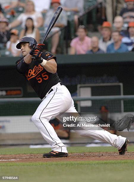 Baltimore Orioles catcher Ramon Hernandez bats against the Chicago White Sox July 28, 2006 in Baltimore, Maryland. The Sox won 6 - 4 on a ninth...