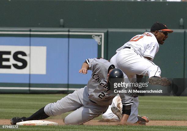 Chicago White Sox Joe Crede slides into second base against the Baltimore Orioles July 30, 2006 in Baltimore.