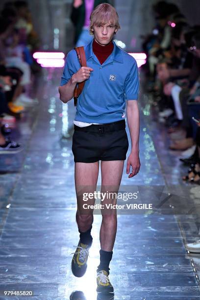 Model walks the runway at the Prada fashion show during Milan Men's Fashion Week Spring/Summer 2019 on June 17, 2018 in Milan, Italy.