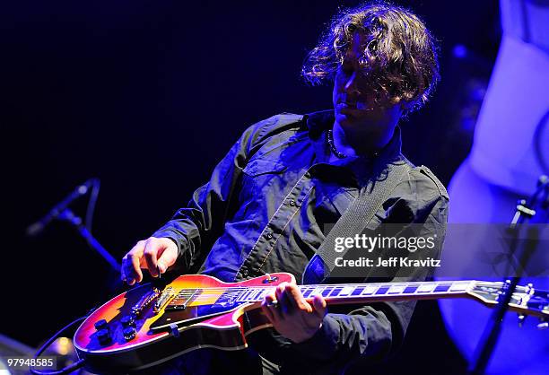 Larry "Ler" LaLonde of Primus performs on the Ranch Arena stage during the Rothbury Music Festival 08 on July 4, 2008 in Rothbury, Michigan.