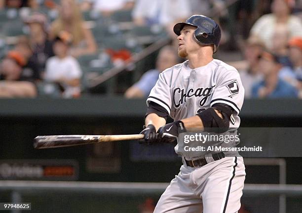 Chicago White Sox third baseman Joe Crede bats against the Baltimore Orioles July 28, 2006 in Baltimore. The Sox won 6 - 4 on a ninth inning grand...