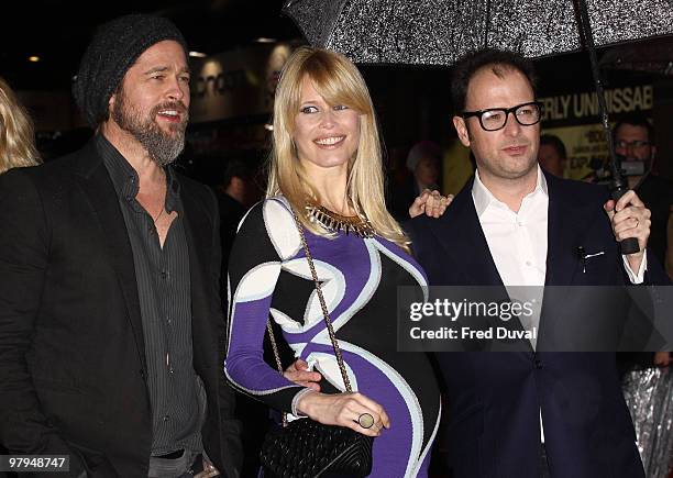 Actor Brad Pitt, Claudia Schiffer and director Matthew Vaughn attends the European Film Premiere of 'Kick Ass' at Empire Leicester Square on March...