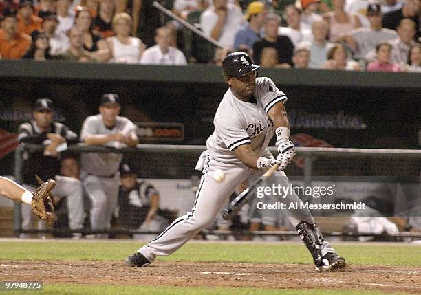 Chicago White Sox shortstop Juan Uribe bats against the Baltimore Orioles July 28, 2006 in Baltimore, Maryland. The Sox won 6 - 4 on a ninth inning...