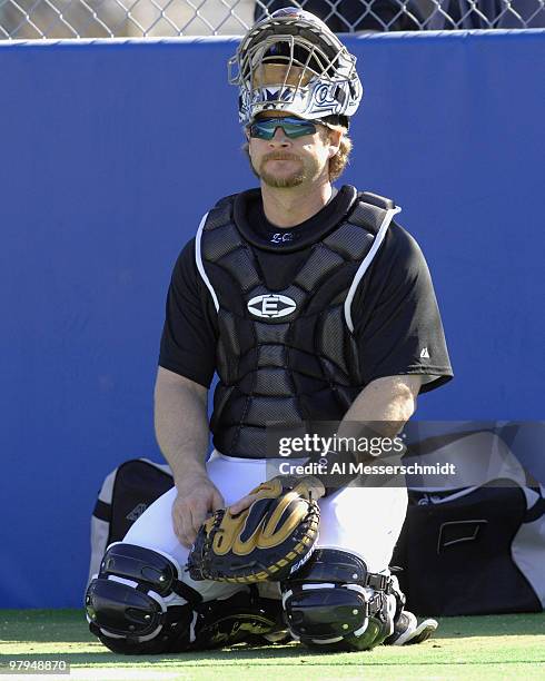 Catcher Gregg Zaun during a Toronto Blue Jays spring training practice at Cecil P. Englebert Complex in Dunedin, Florida on February 22, 2007.