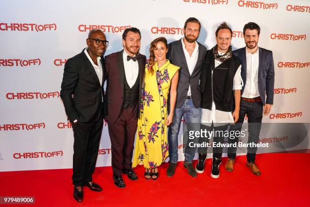 Actors Lucien Jean-Baptiste, Michael Youn, Victoria Bedos, Jarry, Simon Astier, attend the Christ Paris Premiere photocall, at UGC Cine Cite Bercy on...