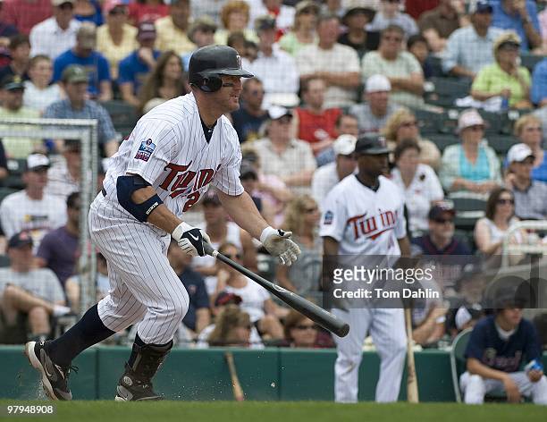 Jim Thome of the Minnesota Twins bats against the Tampa Bay Rays at Lee County Sports Complex on March 21, 2010 in Fort Myers, Florida.
