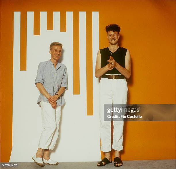 Posed portrait of musician Stephen Luscombe and singer Neil Arthur of Blancmange in July 1982.