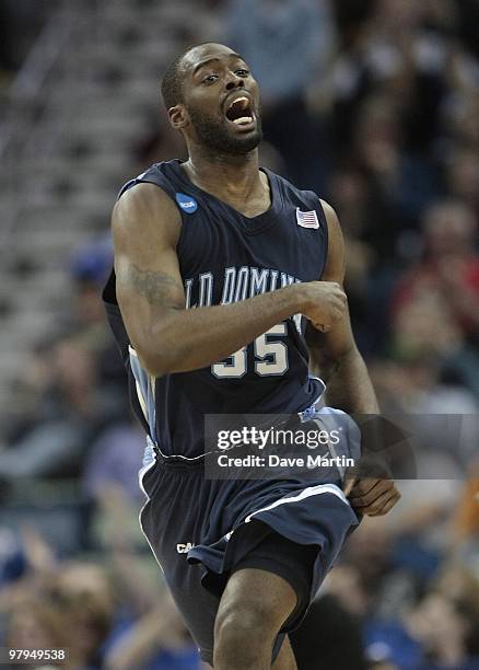 Ben Finney of the Old Dominion Monarchs reacts during the second round of the 2010 NCAA men's basketball tournament at the New Orleans Arena on March...