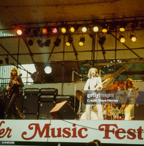 Boz Burrell, Paul Rodgers and Mick Ralphs of Bad Company perform on stage at the Schaefer Music Festival held in Central Park, New York City on...