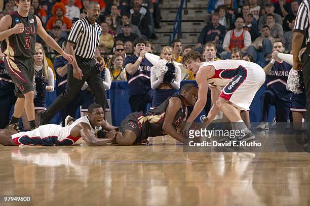 Playoffs: Florida State Michael Snaer in action, getting loose ball vs Gonzaga Matt Bouldin and Demetri Goodson . Buffalo, NY 3/19/2010 CREDIT: David...