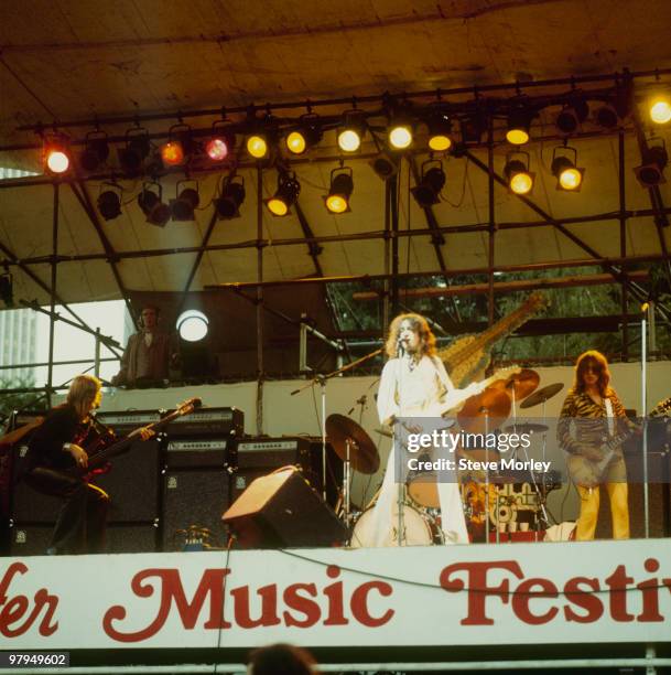 Boz Burrell, Paul Rodgers and Mick Ralphs of Bad Company perform on stage at the Schaefer Music Festival held in Central Park, New York City on...