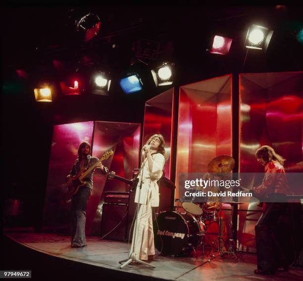 Boz Burrell, Paul Rodgers, Simon Kirke and Mick Ralphs of Bad Company perform on the BBC television show 'Top of the Pops' in June 1974.