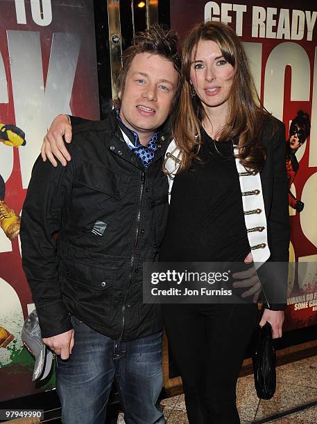 Chef Jamie Oliver with his wife Jools attends the 'Kick Ass' European film premiere at the Empire, Leicester Square on March 22, 2010 in London,...