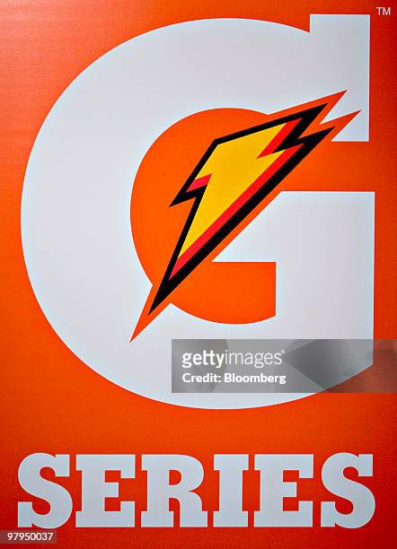 PepsiCo Inc. Gatorade brand G Series logo hangs during a PepsiCo investor meeting at Yankee Stadium in New York, U.S., on Monday, March 22, 2010....