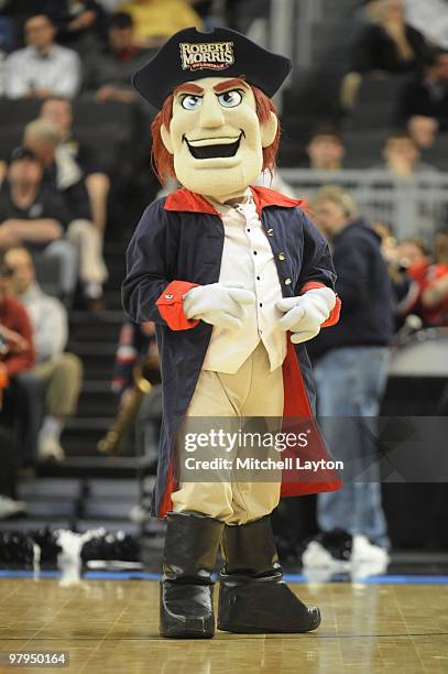 The Robert Morris Colonials mascot looks on during the first round of NCAA Men's Basketball Championship against the Villanova WIldcats on March 18,...