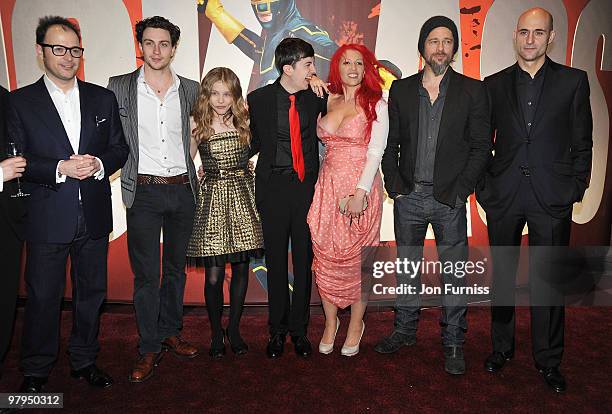 Director Matthew Vaughn, actor Aaron Johnson, actress Chloe Moretz, actor Christopher Mintz Plasse, screenwriter Jane Goldman, producer Brad Pitt and...