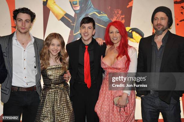 Actor Aaron Johnson, actress Chloe Moretz, actor Christopher Mintz Plasse, screenwriter Jane Goldman and producer Brad Pitt attend the 'Kick Ass'...