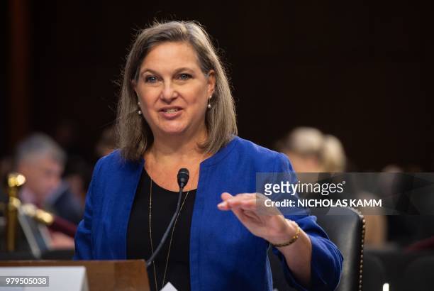 Former US Assistant Secretary of State for European and Eurasian Affairs Victoria Nuland testifies before the Senate Intelligence Committee during a...