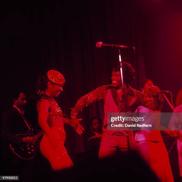 American soul singer and songwriter James Brown performs live on stage with a female singer at The Venue in London in September 1979. James Brown...