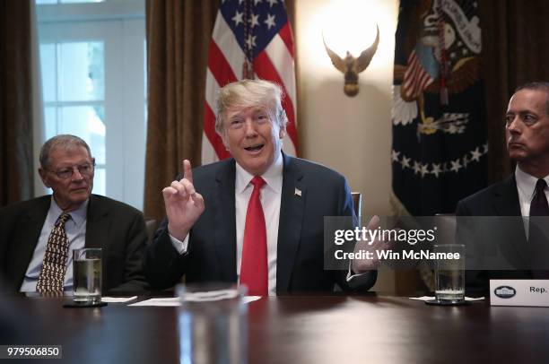 President Donald Trump speaks on immigration issues while meeting with members of the U.S. Congress in the Cabinet Room of the White House June 20,...