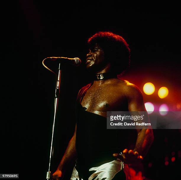 American soul singer and songwriter James Brown performs live on stage at Hammersmith Odeon in London on 24th November 1978.